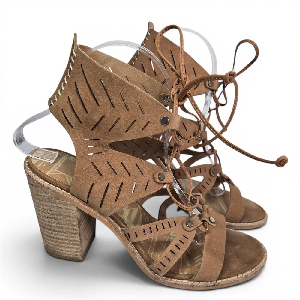 Dolce Vita Luci Ghillie Sandals Brown Tan Leather Lace Up Block Heel Size 8